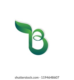 B logo with leaf vector template. Icon green color gradient for eco company.