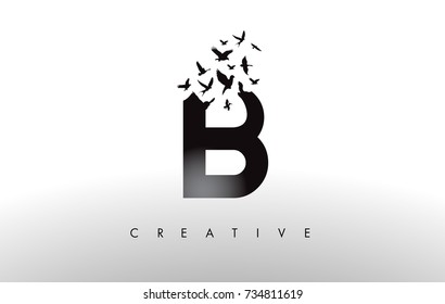 B Logo Letter with Flying Flock of Birds Disintegrating from the Letter. Bird Fly Letter Icon.