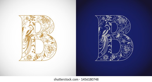 B logotype. Cutting golden logo. B-name idea. Concept of capital letter B in ethnical vip style. Isolated abstract graphic design template. Decorative herbal symbol, royal fairy bird. Brand identity.