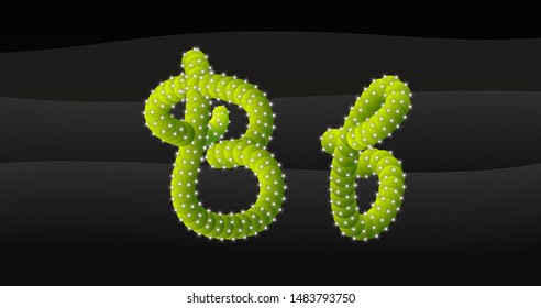 b Lowercase & Capital 3D Cactus Alphabet on black desert blackground, letters vector illustration