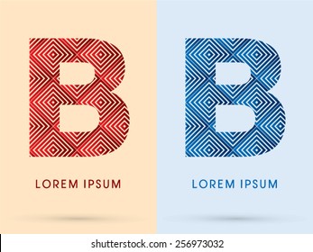 B ,Luxury font, designed using red and blue line square geometric shape, hot and cool tone, logo, symbol, icon, graphic, vector.