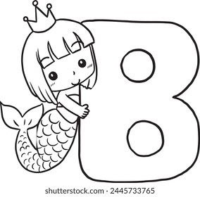 B mermaid cartoon doodle coloring page