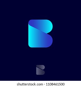 B monogram logo. Origami logo. Blue ribbon letter on a dark background. Monochrome option.