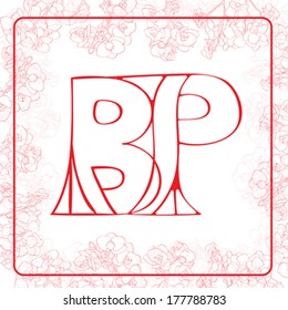B and P letters, hand drawn illustration of a monogram surrounded by a floral frame with orchids