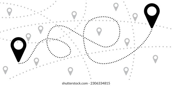 A to B with pin pointers icon. Navigation or navigator, maps, road, direction arrow. Pins, points mark. Pointer or point trekking route. track en trace city, street map. Markers, map locator, urban.