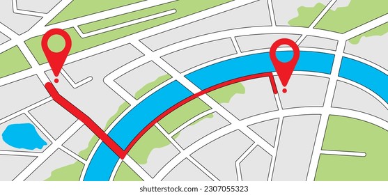 A to B with pin pointers icon. Navigation or navigator, maps, road, direction arrow. Pins, points mark. Pointer or point trekking route. track en trace city, street map. Markers, map locator, urban.