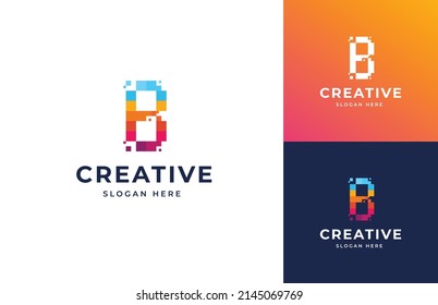 B Pixels Art Tech Block Spread Vector Logo Design, Creative Letter B Motion Rainbow Idea Logo Design