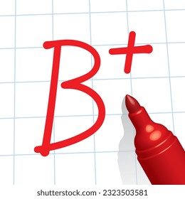 B plus grade paper, red pen, vector illustration 