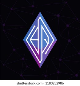 B Q Initial letter block chain logo icon vector template. Looping mono line circuit letter on rhombus cube logo