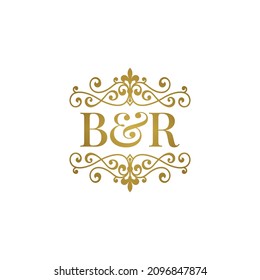 B R initials logo ornament gold. Letter BR wedding ampersand or business partner symbol