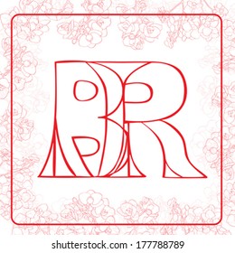 B and R letters, hand drawn illustration of a monogram surrounded by a floral frame with orchids