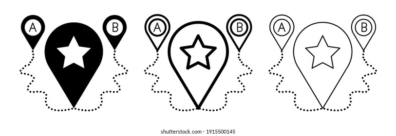 A and B road option location sign icon. Map location sign. The star has declared the vector icon of simple location points. Icon set of different thickness.