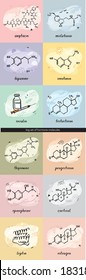 B set of hormone formulas drawn by hand in black line on a colored abstract background. Symbols of molecules for biochemistry, biology, naturopathy, medicine for children. Cartoon vector illustration.