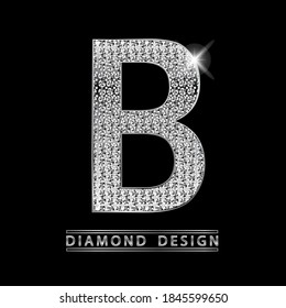 B silver shining Letter with diamonds vector illustration. White gems with light on metallic letter. Stylish luxury type logo for jewelry or casino business.