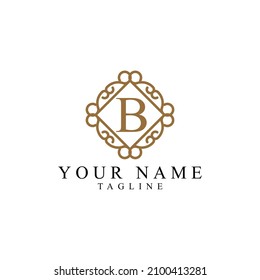 B simple gold monogram alphabet letter logo. Creative icon design with luxury frame for company and business