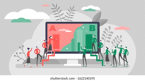 A B split test marketing concept, flat tiny persons vector illustration with two people groups. User experience test resulting in better conversions. Design research and web variations optimization.