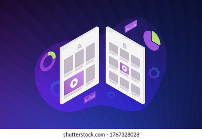 A B split testing illustration concept - two webpages with a different web development UI interface. A-B comparison with positive feedback, flat vector icon with violet background.