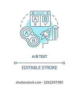 A B test turquoise concept icon. Versions of ads. Social media advertising tip abstract idea thin line illustration. Isolated outline drawing. Editable stroke. Arial, Myriad Pro-Bold fonts used