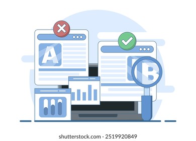 A and B testing concept, AB Testing landing page Website, AB Testing social media ads, AB testing analysis. flat vector illustration on background.