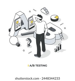 A B testing and strategy optimization: A man, makes a choice between two options of mobile interfaces, determining which choice resonates best with the business audience. Isometric illustration