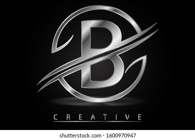 B uppercase letter with silver metallic texture on round frame. Platinum symbol for icon, logo, label, company name, cover, brochure, card, font, luxury business, jewelry or web page design element.