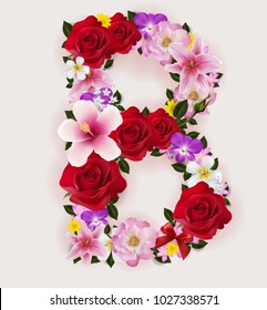 B, vector font with realistic of beautiful tropical flowers on background color.