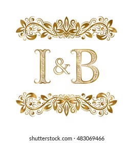 I and B vintage initials logo symbol. The letters are surrounded by ornamental elements. Wedding or business partners monogram in royal style.