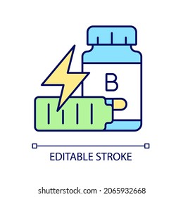 B Vitamins For Fatigue RGB Color Icon. Supplements To Combat Tiredness And Weakness. Energy Boost. Stress And Dizziness Reduction. Isolated Vector Illustration. Simple Filled Line Drawing