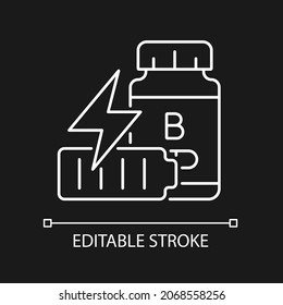 B vitamins for fatigue white linear icon for dark theme. Supplements to combat stress and dizziness. Thin line customizable illustration. Isolated vector contour symbol for night mode. Editable stroke