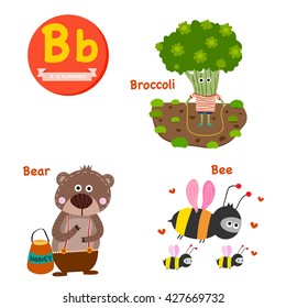 B vocabulary cartoon set with bear, bee and broccoli isolated on white background, illustration, vector