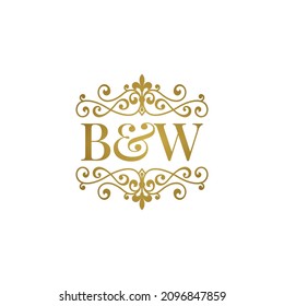 B W initials logo ornament gold. Letter BW wedding ampersand or business partner symbol
