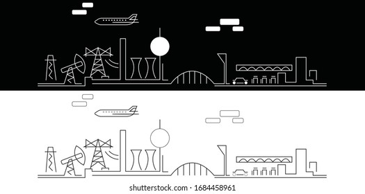 B & W thin line style city scene panorama. Illustration of urban landscape street with car, skyline city, plane, clouds. Outline cityscape. Wide horizontal panorama. Vector illustration.