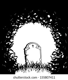 b & w vector illustration of the grave and bats