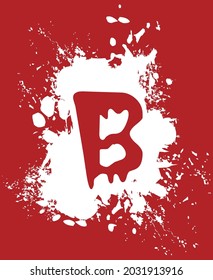 B - White and red, alphabet with a splash and spray effect.