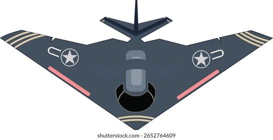 Ilustração vetorial de um moderno bombardeiro furtivo B-2 com insígnias de estrelas personalizadas nas asas, design de vista plana superior na cor azul-marinho escuro, isolado no fundo branco.