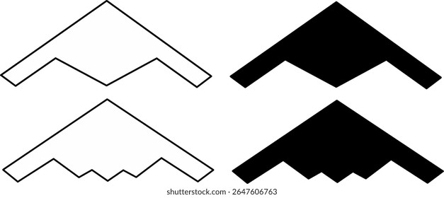B-2 Spirit and B-21 Raider stealth bombers icon set include outline and silhouette isolated on white background. perfect for aviation, defense, war, or technology themes.
