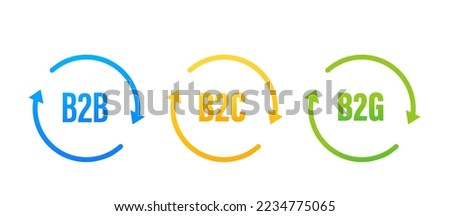 B2B, B2C and B2G business icons. Business to consumer, business to business to government marketing strategies on white isolated background. Vector illustration