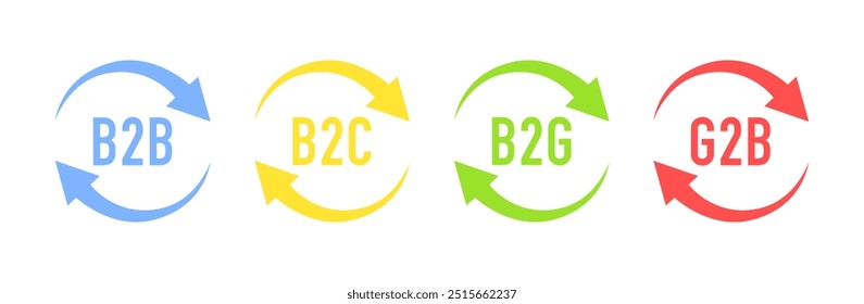 B2B, B2C, B2G, G2B business icons on background. Business to consumer. Business to government. Marketing strategies. Vector illustration