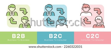 B2B, B2C, C2C, business people icon set.