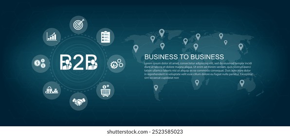 B2B Business to Business Konzept, Zusammenarbeit und Partnerschaft, Unternehmenshandel, Vernetztes globales Geschäft, Vektorgrafik