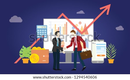 b2b business to business marketing deal agreement between two company with some graph and chart statistic data - vector illustration