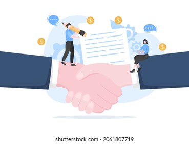 B2B Or Business To Business Marketing Vector Illustration. Businessmen And Client Shaking Hands After Set Strategy, Sales And Commerce For Agreed Transaction