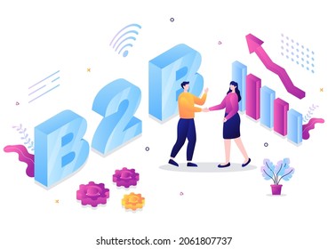 B2B Or Business To Business Marketing Vector Illustration. Businessmen And Client Shaking Hands After Set Strategy, Sales And Commerce For Agreed Transaction