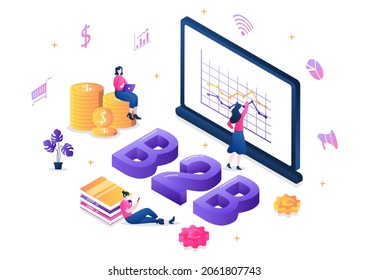 B2B Or Business To Business Marketing Vector Illustration. Businessmen And Client Shaking Hands After Set Strategy, Sales And Commerce For Agreed Transaction