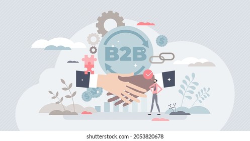 B2B Business model concept, tiny person vector illustration. Commercial transactions between business entities. Partnership network building and industry collaboration. Selling and producing products.