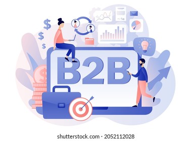 B2B : Business To Business Online. Successful Business Collaboration. Tiny Businessmens Enter Into Agreement. Marketing Strategy, Commerce. Modern Flat Cartoon Style. Vector Illustration