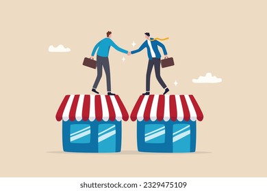 B2B, business to business sale agreement, enterprise commerce, contractor or supplier trade between company concept, businessman owner handshake on enterprise shop for B2B agreement.