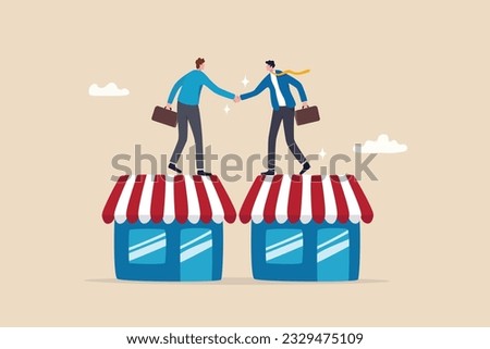 B2B, business to business sale agreement, enterprise commerce, contractor or supplier trade between company concept, businessman owner handshake on enterprise shop for B2B agreement.