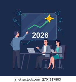 Escena de presentación del equipo de negocios B2B. Diseño plano de Vector de una reunión de oficina moderna con un tablero holográfico que muestra la estrategia de crecimiento y los objetivos financieros de 2026. Concepto de año nuevo de la tecnología.