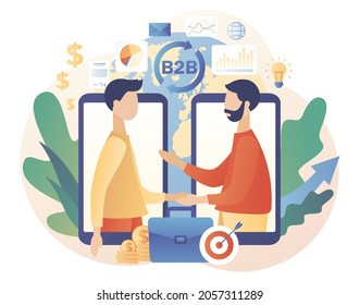 B2B : De negocio a negocio. Pequeños hombres de negocios llegan a un acuerdo en línea.Estrategia de marketing, comercio. Estilo moderno de dibujos animados planos. Ilustración del vector